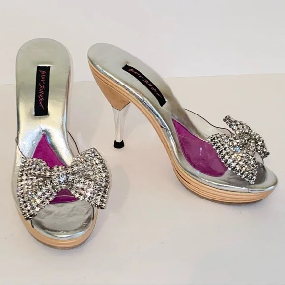 Vintage Betsey Johnson Polly Mules Rhinestone Bow Wood Heel Pin Up - Picture 2 of 14